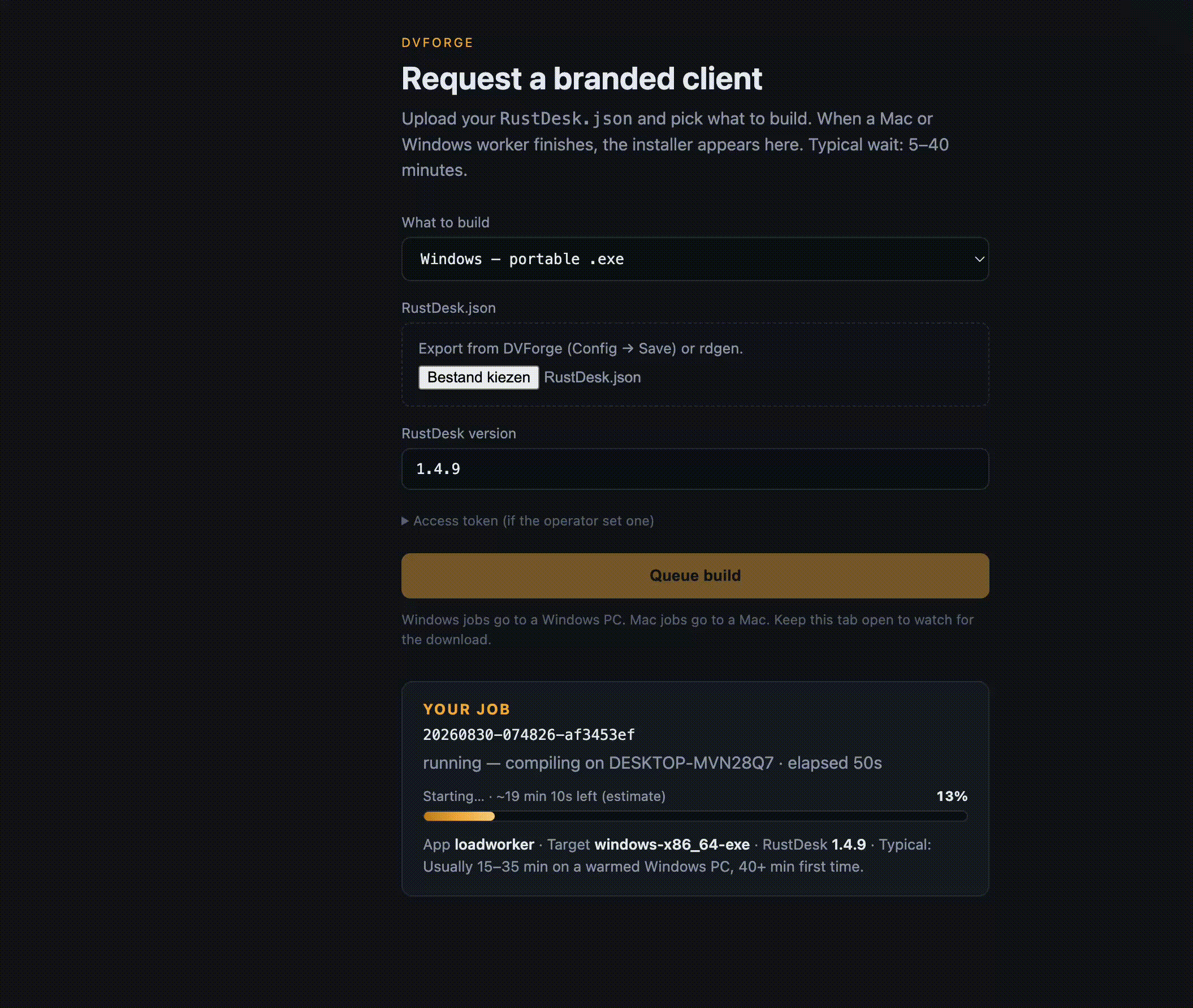 DVForge build farm — queue a job, watch it compile on a remote worker