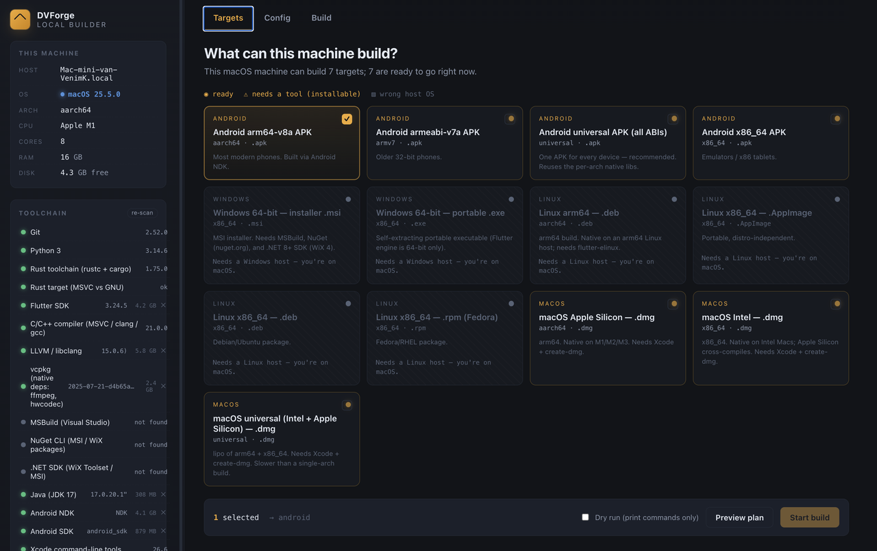 DVForge capability board — targets, toolchains, and hardware detection